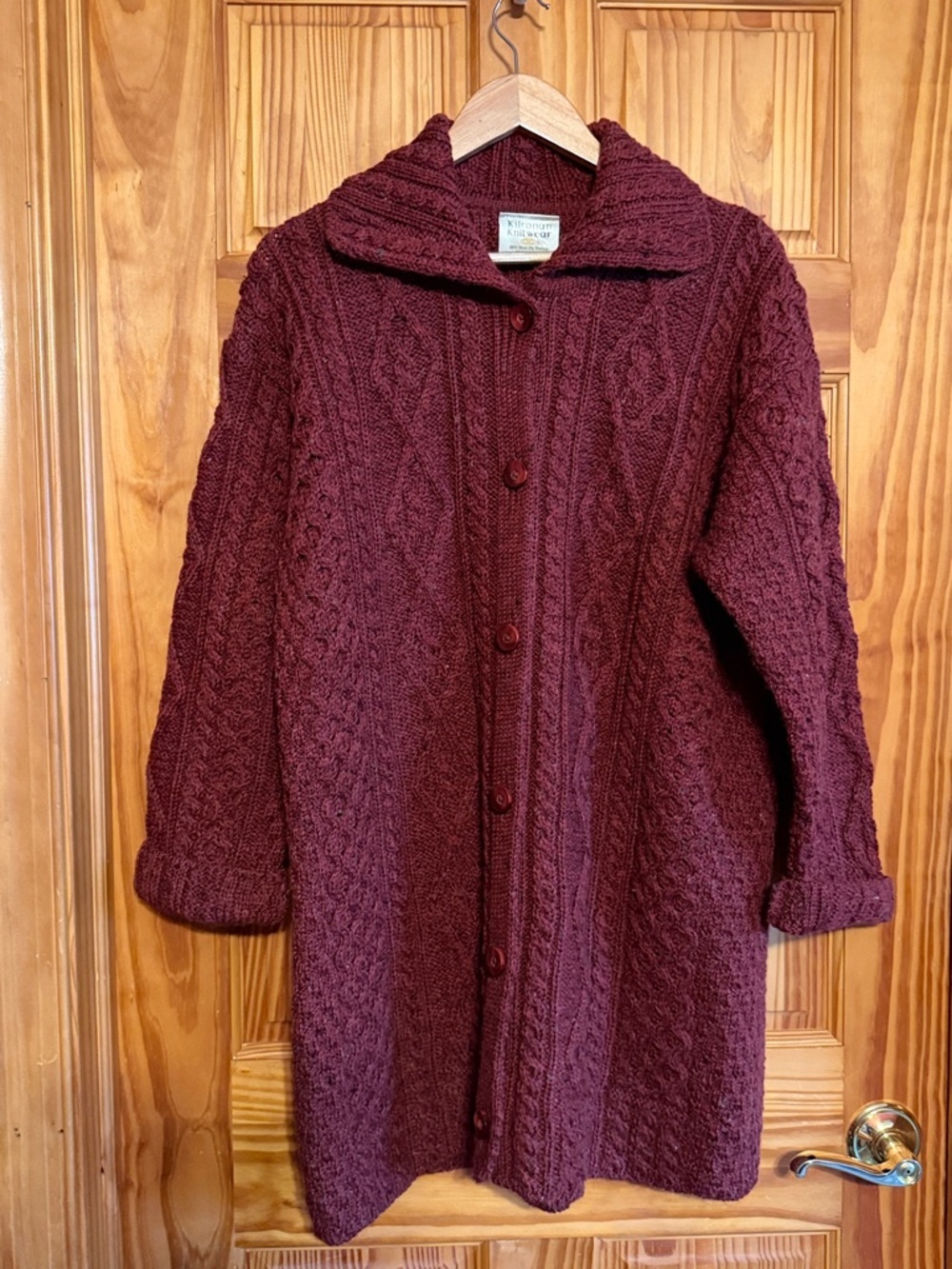 Kilronan Knitwear Cable Knit Button-Front Wool Sweater Coat - Burgundy